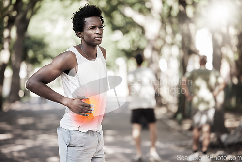 Image of Health, fitness and black man with stomach pain at park after exercise, training or workout. Sports, thinking and male athlete with appendicitis injury, inflammation or painful abdominal muscles.