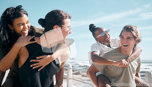 Image of Couple of friends, laughing and piggyback by beach, ocean or sea in social gathering, group vacation comedy or summer holiday. Smile, happy and diversity men carrying women in travel, bonding or game