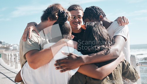 Image of Bonding friends, huddle or diversity by beach in solidarity travel, community support or group social gathering. Smile, happy men or women circle embrace, summer holiday vacation or global trust hug