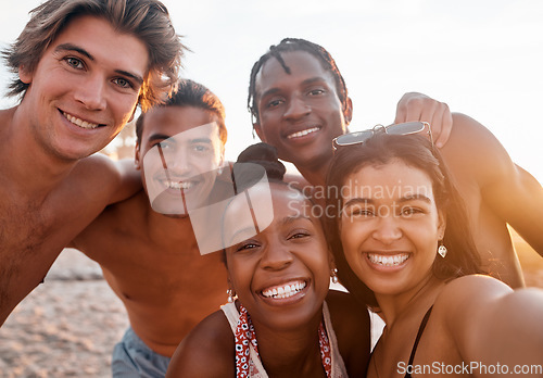 Image of People, portrait and selfie of friends at beach outdoors bonding, smile and enjoying holiday sunset. Travel face, freedom or group of men and women taking pictures for social media or happy memory.