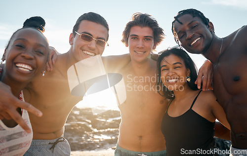 Image of Friends, portrait or embrace on beach in group vacation, social gathering or sunset summer holiday in profile picture. Men, women or diversity people in hug, travel bonding or happy community support