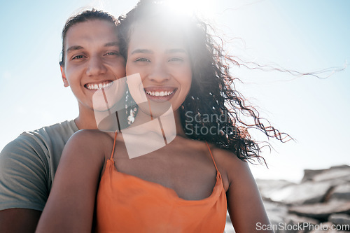 Image of Selfie, portrait and couple at a beach for travel, fun and bond, happy and relax on blue sky background. Social media, influencer and man with woman for profile picture, photo or blog update in Miami