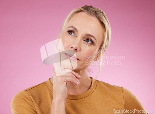 Image of Senior woman, thinking and ideas for future, opportunity and fantasy with studio background. Female, mature lady and old person with wellness, thoughts and ponder with wonder, creative and backdrop