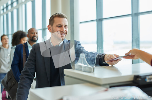 Image of Ticket check, window and business man in airport queue for passport or travel service. Happy customer person at security or consultant booth or counter for transport booking and buying pass at seller