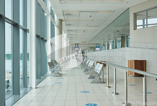 Image of Background of airport corridor with chair, waiting room and global travel of covid regulations. Empty airplane lobby, seat and building interior design for transportation, furniture and clean space