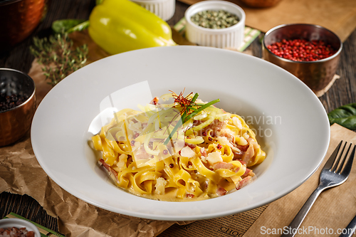 Image of Plate of tagliatelle carbonara