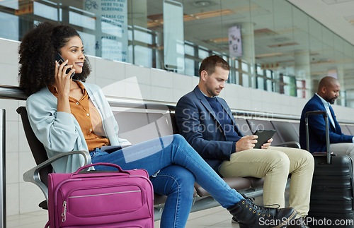 Image of Black woman, phone call and airport in waiting room for conversation, communication or flight delay. African American female talking on smartphone in wait for travel, airplane or departure discussion