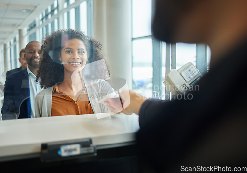 Image of Black woman, ticket check and airport counter with a paper for travel or box office service. Happy customer person at consultant booth window for passport, work booking and buying pass at seller