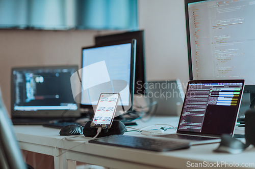 Image of Computer screens running programming code in empty software developing agency office and computers parsing data algorithms in background. Neural network servers cloud computing in data room.