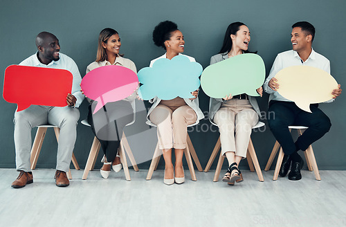 Image of Business people, group and speech bubble in office for recruitment, comic laughing and team opinion poster. Teamwork mockup, happiness and mission with diversity, solidarity and success in hr agency
