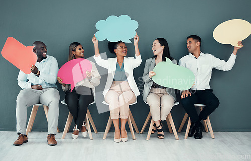 Image of Business people, social media and speech bubble for comment, opportunity and join us in waiting room. Voice, poster and opinion mockup by group with diversity, message or announcement