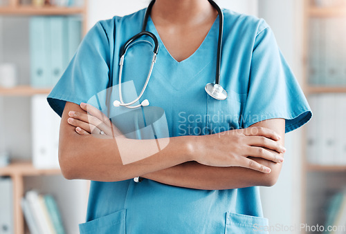 Image of Closeup, healthcare and proud, woman and doctor at hospital for medicine or health goal. Confident nurse, hands and professional surgeon ready for help with medical service while working at a clinic