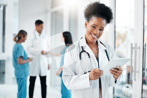 Image of Research, portrait and black woman with tablet for healthcare, medicine and internet information. Schedule, communication and African doctor with technology for medical service, telehealth and email