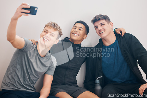 Image of Fitness, men and group selfie of friends for social media, workout and exercise goals of healthy training. Sports, diversity and happy guys take photograph with smile, motivation or community support