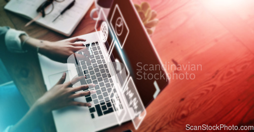 Image of Laptop, data overlay and hands typing and doing research for a wed design project in the office. Technology, information and woman working on a website development on a computer in the workplace.