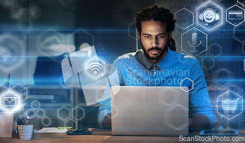 Image of Black man in business, app icons with laptop and digital transformation, information technology and global network. Hologram, 3D and overlay with wifi, software and futuristic with cloud computing