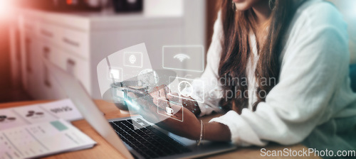 Image of Business woman, phone or networking hologram in cafe on marketing app, advertising planning or global software strategy. Hands, worker or 3d technology abstract for communication or world reach goals