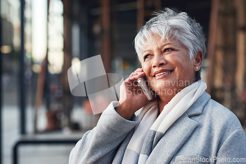 Image of City, phone call and happy, mature woman or lawyer outside law firm in discussion on legal advice. Ceo, manager or boss with communication, smile and 5g smartphone, crm or networking conversation.