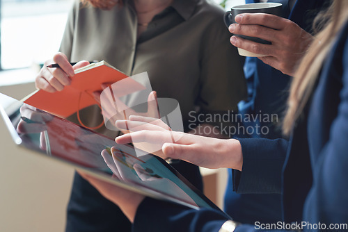 Image of Teamwork, marketing agency or business people hands on tablet in meeting for company growth, strategy review or innovation. Group of startup employee for SEO analytics or planning KPI sales report