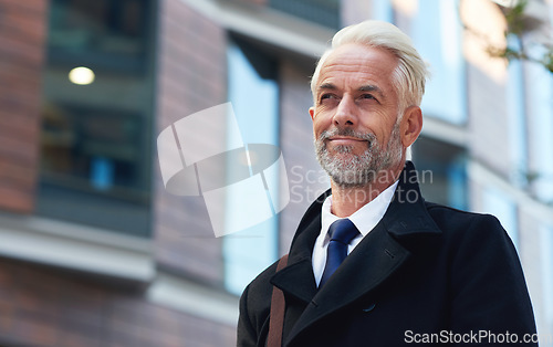 Image of Smile, city and walking with business man for professional, travel and mindset in the morning in New York. Ceo, executive and senior person in urban town for corporate, leadership and confident goals