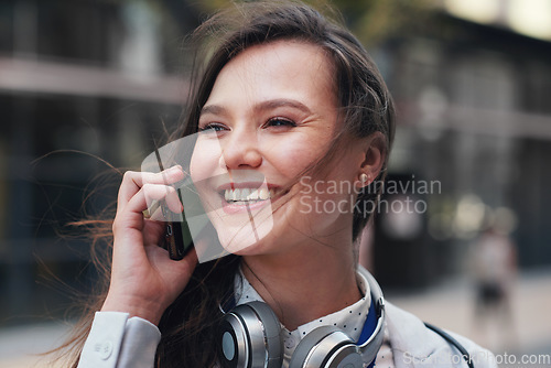 Image of Phone call, smile and happy business woman outdoor with worker communication and connection. Planning, networking and work conversation of an entrepreneur with blurred background and happiness