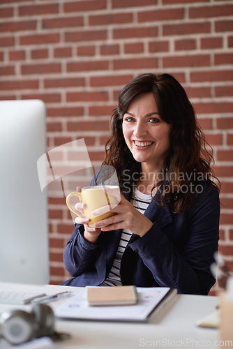 Image of Creative employee, woman with coffee and smile in portrait, digital marketing startup with web designer and modern office. Happy, working and relax during break, professional in the workplace