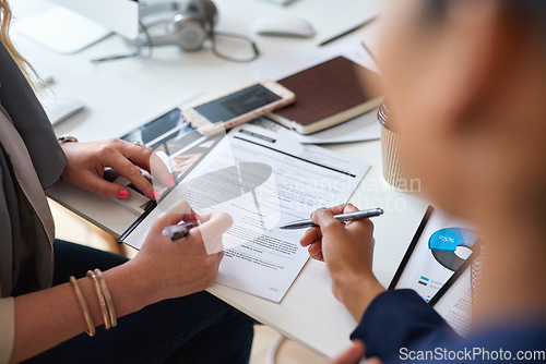 Image of Signature, planning and business people with a contract for employment, deal and agreement. Meeting, legal and corporate employees reading and writing on a professional document for an application