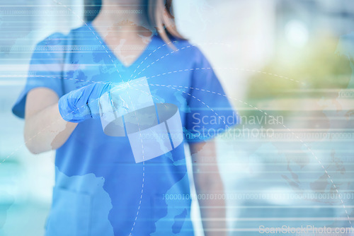 Image of Woman, doctor and hands with global hologram for futuristic healthcare, life insurance or double exposure mockup. Hand of medical female expert touch 3D map on overlay for future medicare development