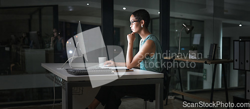 Image of Computer, thinking and African woman reading finance portfolio, stock market database or ecommerce feedback. Forex investment night, data analysis idea or female trader trading NFT, bitcoin or crypto