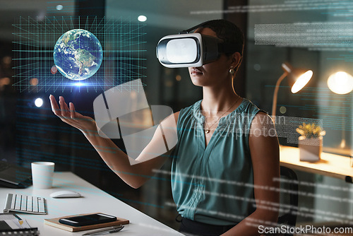 Image of Vr, 3d earth and business woman in office with global overlay, digital hologram or cyber network at night. Virtual reality, world metaverse and female with holographic future globe for globalization