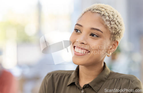 Image of Professional black woman, face and thinking with vision, success and positive mindset with career goals. Happy person, motivation and ideas with web designer, creative employee and mockup space