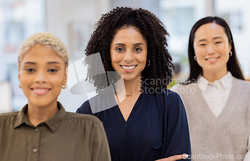 Image of Black woman, portrait smile and empowerment in leadership, teamwork or vision at the office. Diverse group of happy employee women smiling for career goals, values or proud team at the workplace