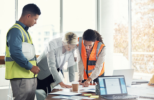 Image of Architecture, collaboration and planning with people and blueprint in office for construction, design and building. Teamwork, review and meeting with group for project management, goal or engineering