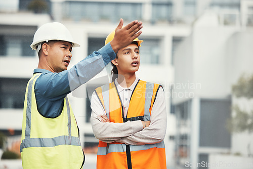 Image of Teamwork, engineering and talking with people on construction site for project management, building and goals. Designer, collaboration and architecture with contractor for development and industry