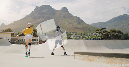 Image of Hobby, fun and couple rollerskating at a park for sport, learning and bonding in Norway. Health, vacation and back of a man and woman on skates for quality time, recreation and activity in the city