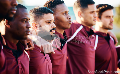 Image of Rugby, diversity or team with solidarity or support ready for a tournament match event or sports training. Men, fitness or group of male athletes in unity or collaboration for a game in a stadium