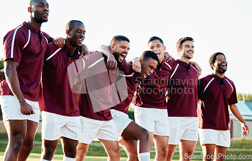 Image of Rugby, funny or crazy team with motivation, solidarity or support ready for a match or sports training. Happy men, fitness or group of healthy male athletes joke before a game on a grass stadium
