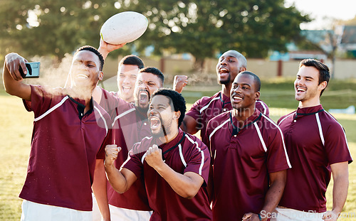 Image of Sports, celebration and selfie of rugby team on field celebrating exercise goals, workout targets or achievement. Winner, success and group of friends, men and players taking pictures for victory.