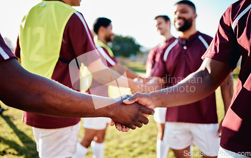 Image of Men, sports and handshake for greeting, introduction or sportsmanship on the grass field outdoors. Sport team shaking hands before match or game for competition, training or workout exercise together