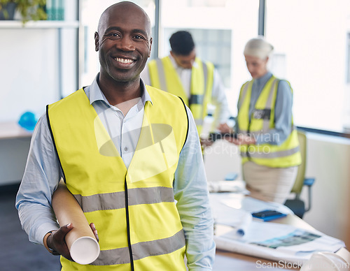 Image of Black man, architect and portrait smile with blueprint for building or construction plan at the office. Happy African American male engineer or contractor smiling with floor plan for architecture