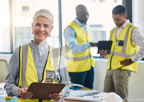 Image of Senior woman, portrait and engineering clipboard for construction data check and project blueprint. Architecture team, building plans and proud elderly industrial employee with staff and smile