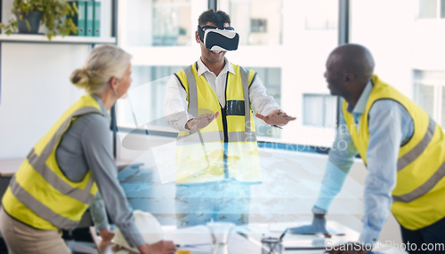 Image of Architect, building and VR for construction in meeting, team planning or futuristic strategy for project layout at office. Engineer in virtual reality for future architecture or simulation floor plan