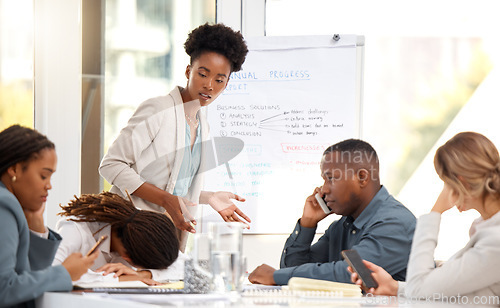 Image of Lazy, distracted and technology addiction in meeting with business people or colleagues using phones in a presentation. Briefing, annoyed and boss frustrated at employee or team fail in a boardroom