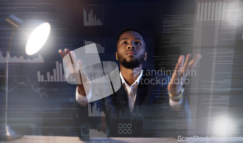 Image of Businessman, research data and confused at night in office, waiting for stock market. Black man with open hands thinking about mistake with graphs and charts working late on statistical analysis