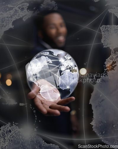 Image of Hologram, hand and global with communications, futuristic and software for networking, digital and connection. Black man, earth and holographic with innovation, future or international cyber security