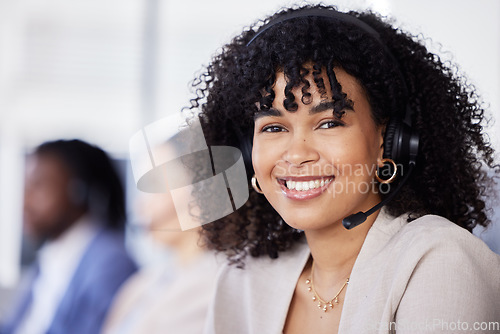 Image of Callcenter, customer service or black woman portrait for support, consulting or networking in office. Manager, CRM smile or sales advisor face on tech for telemarketing, research or contact us help