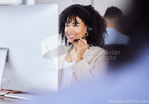 Image of Callcenter, customer service or black woman on computer for support, consulting or networking in office. Manager, CRM or sales advisor on tech for telemarketing, research or contact us help at desk