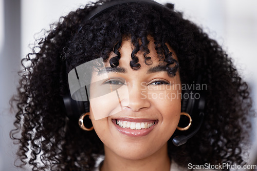 Image of Callcenter or portrait of black woman with microphone for customer support, consulting or networking in office. Smile, CRM or happy sales advisor face for telemarketing or telecom contact us closeup