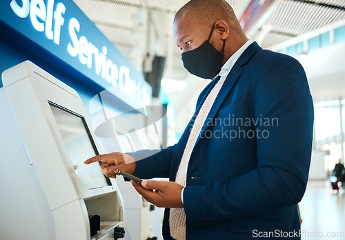 Image of Covid, travel and self service phone with black man in airport for online booking, ticket or technology. Vacation, business trip and kiosk with passenger typing for flight, airline and check in