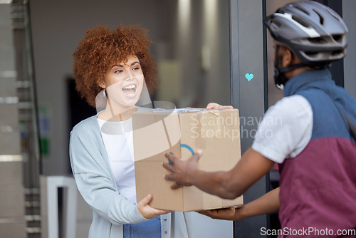 Image of Black woman, ecommerce and excited for delivery box, support or service and online purchase or order at door. Happy African American female customer in surprise for package, deliver or shipment